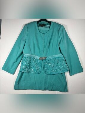 Susanna Women’s 18 Turquoise 3 Piece Skirt Suit Scalloped and Rhinestones